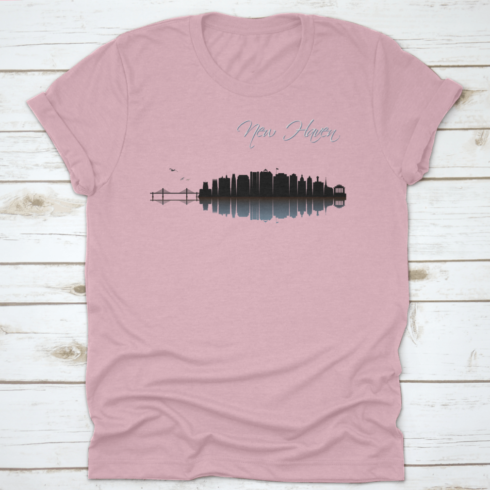 Black t-shirt featuring a vector design of the New Haven skyline in Connecticut, showcasing iconic buildings and landmarks.