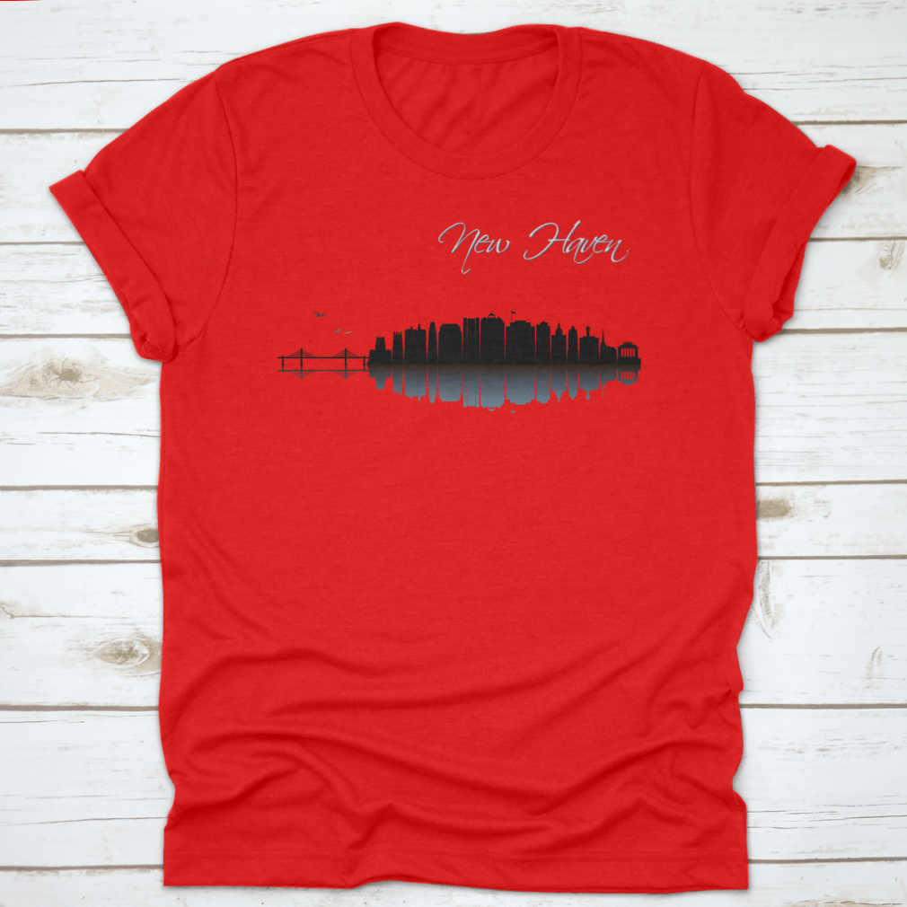 Black t-shirt featuring a vector design of the New Haven skyline in Connecticut, showcasing iconic buildings and landmarks.