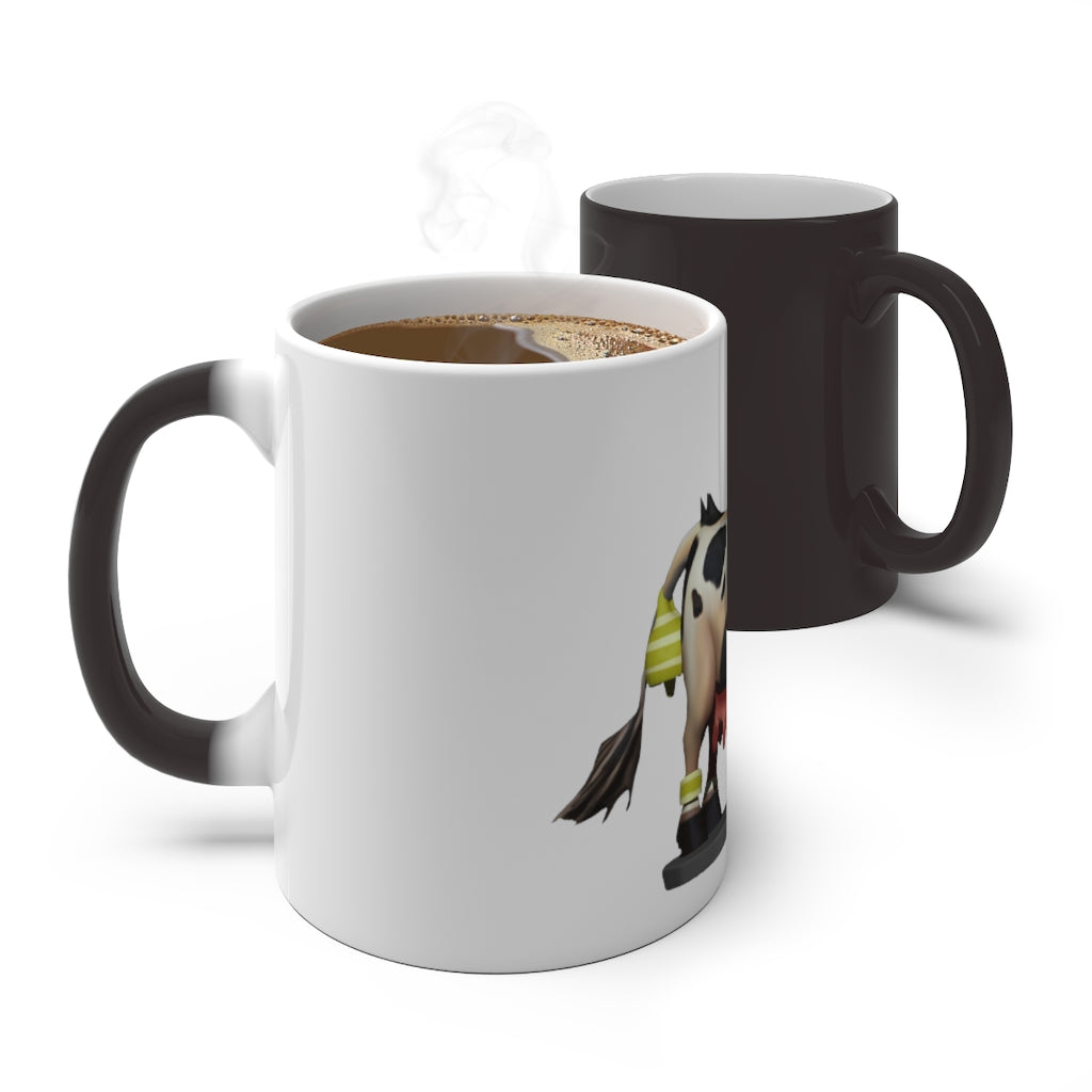 Black Cow Color Changing Mug showcasing its color-changing feature with a warm beverage inside.