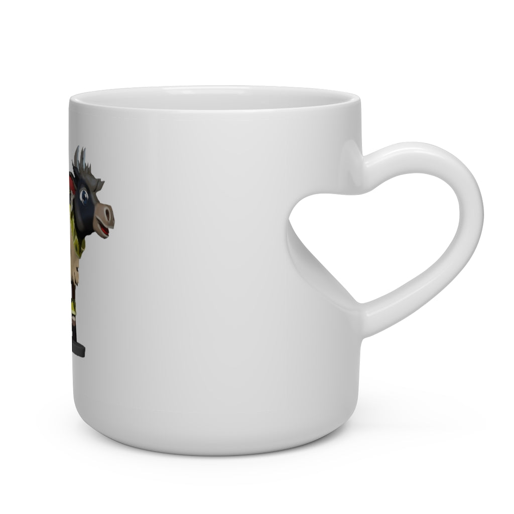 A white ceramic heart-shaped mug with a heart-shaped handle, perfect for hot beverages.