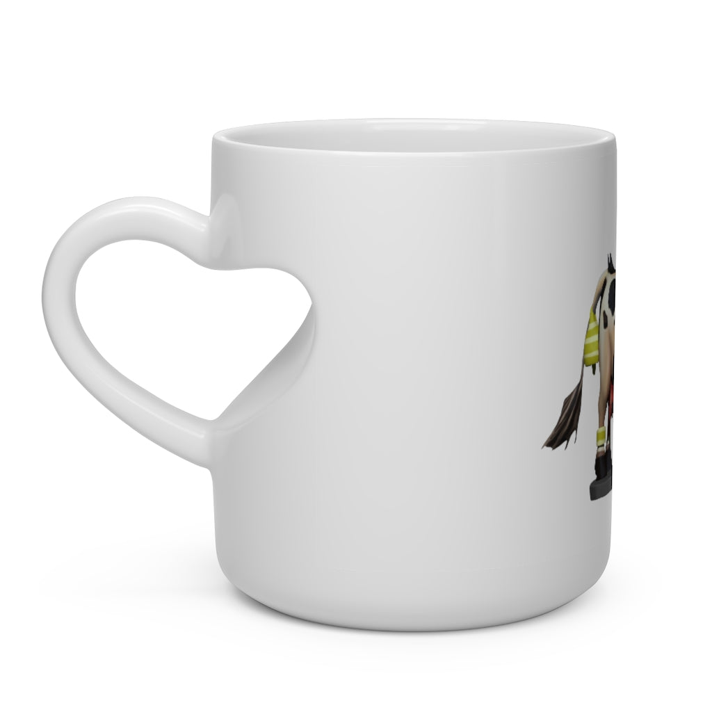 A white ceramic heart-shaped mug with a heart-shaped handle, perfect for hot beverages.