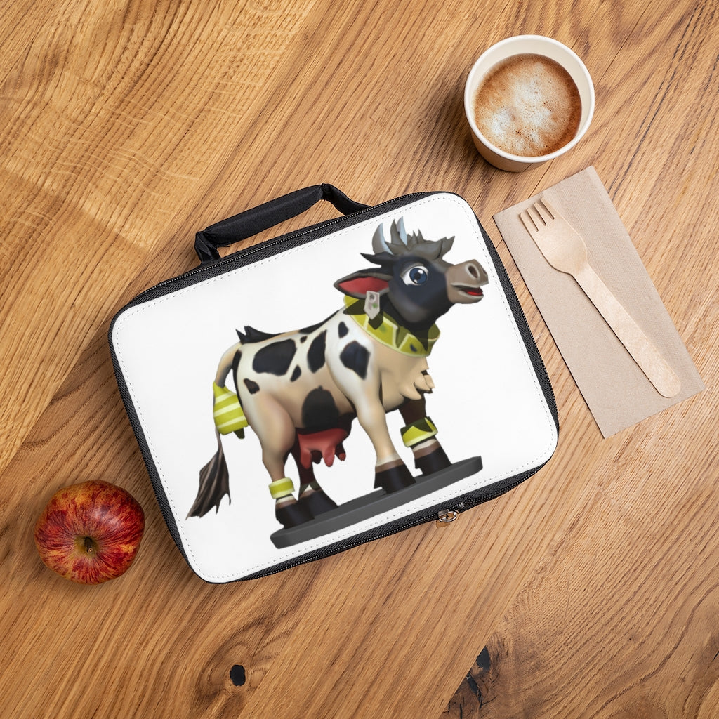 Black Cow Lunch Bag featuring a black base and customizable white area, ideal for adults and kids.