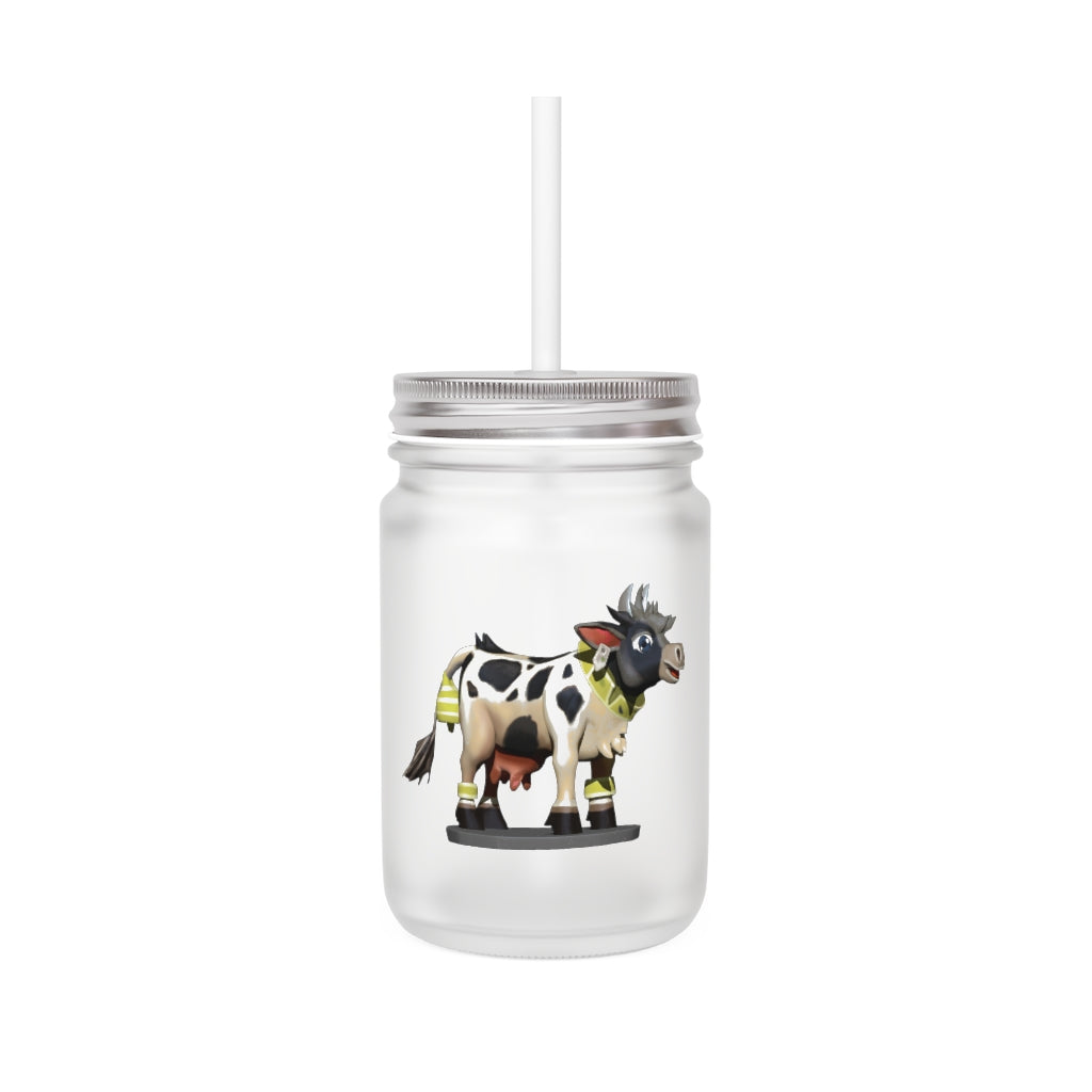 A stylish Black Cow Mason Jar made of frosted glass, featuring a straw and lid, perfect for personalized drinks.