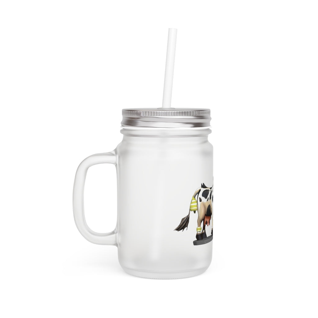 A stylish Black Cow Mason Jar made of frosted glass, featuring a straw and lid, perfect for personalized drinks.