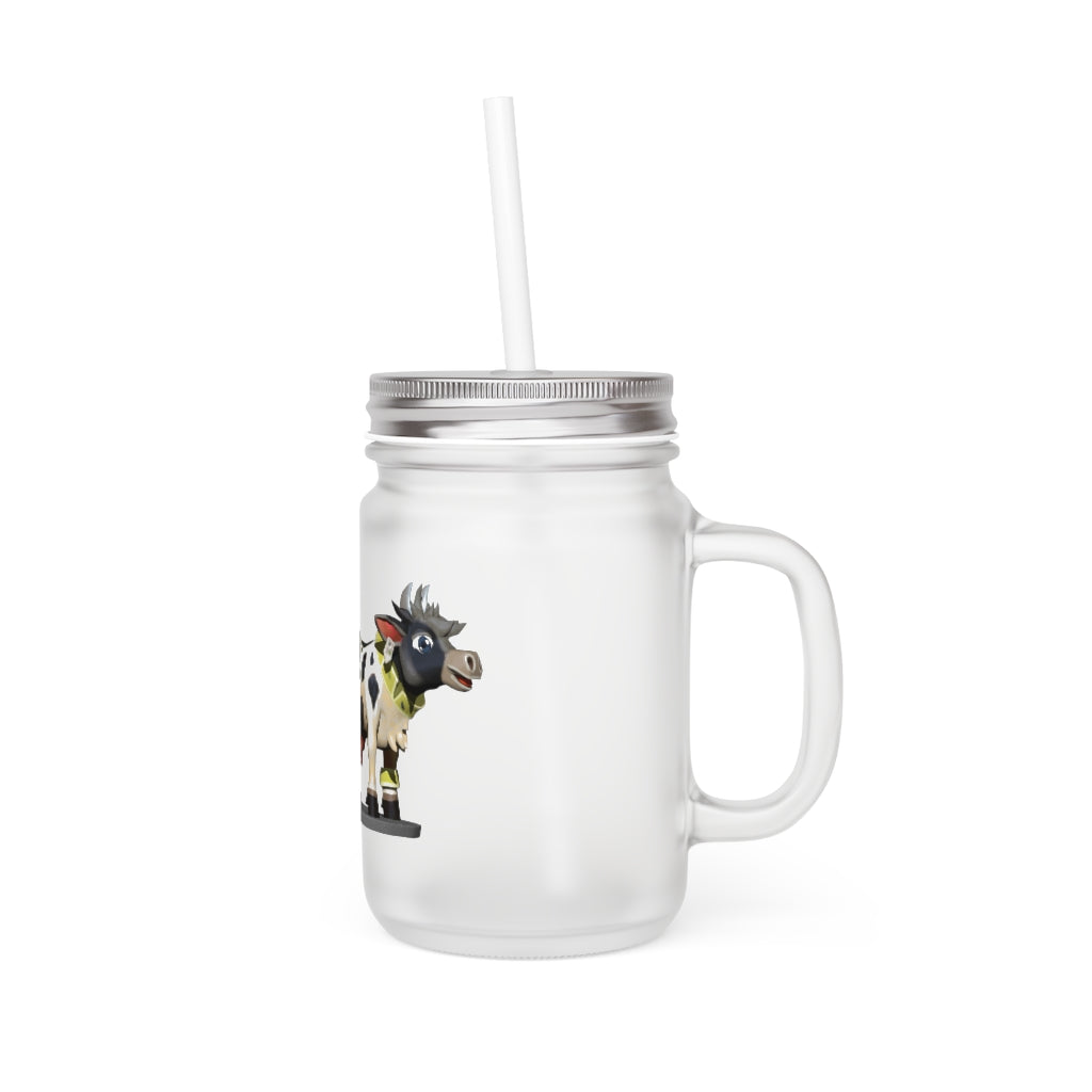 A stylish Black Cow Mason Jar made of frosted glass, featuring a straw and lid, perfect for personalized drinks.