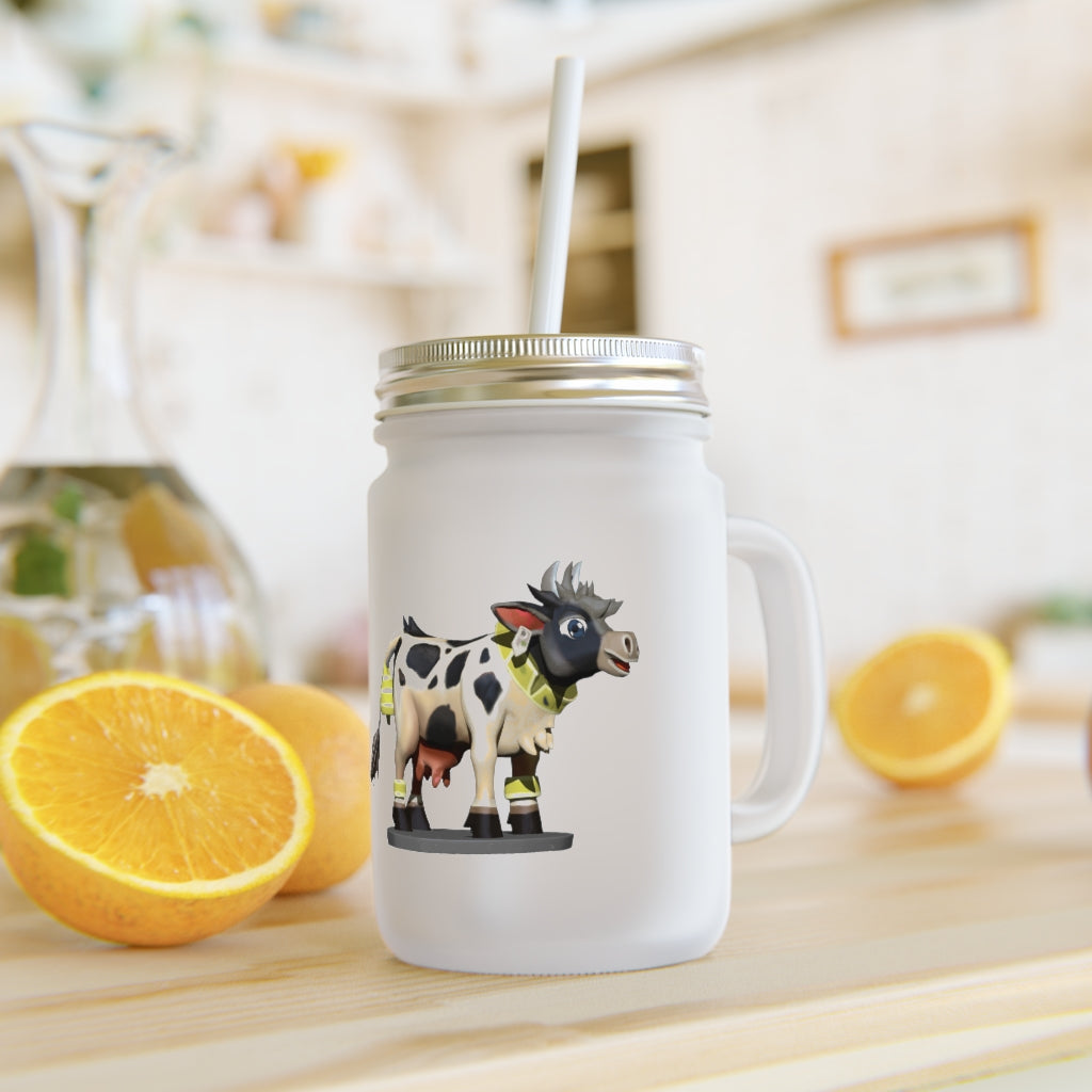 A stylish Black Cow Mason Jar made of frosted glass, featuring a straw and lid, perfect for personalized drinks.