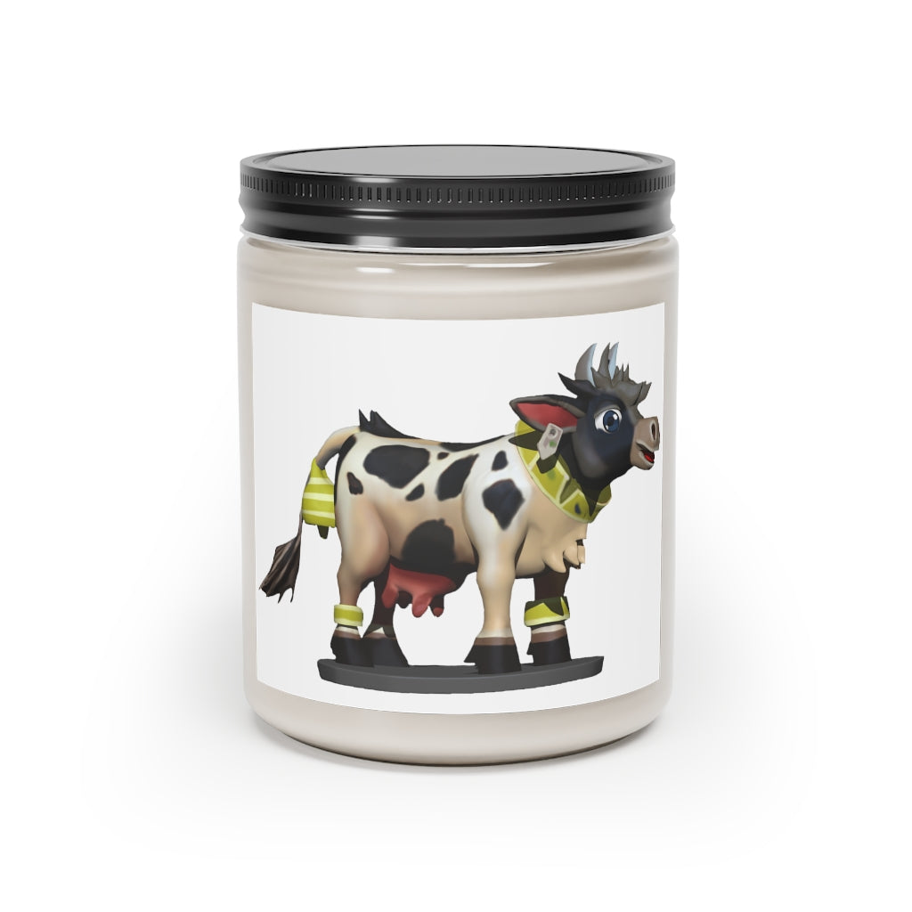 Black Cow Scented Candle in a glass container, featuring a permanent adhesive label, showcasing its vegan soy coconut wax composition.