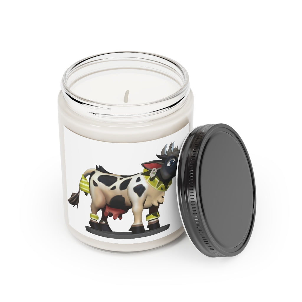 Black Cow Scented Candle in a glass container, featuring a permanent adhesive label, showcasing its vegan soy coconut wax composition.