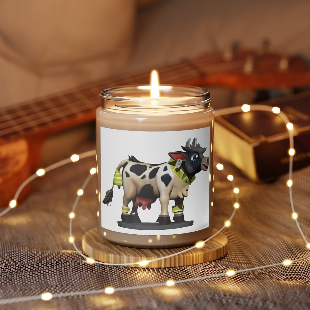 Black Cow Scented Candle in a glass container, featuring a permanent adhesive label, showcasing its vegan soy coconut wax composition.