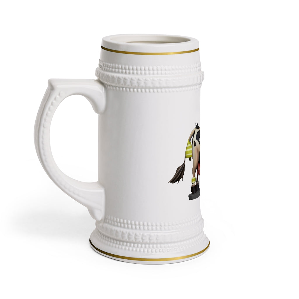 A stylish Black Cow Stein Mug made of durable white ceramic with ribbed outlines and a customizable surface.