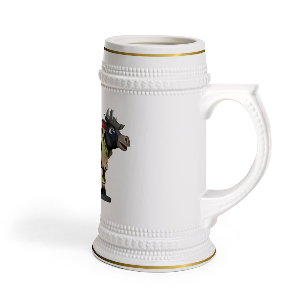 A stylish Black Cow Stein Mug made of durable white ceramic with ribbed outlines and a customizable surface.