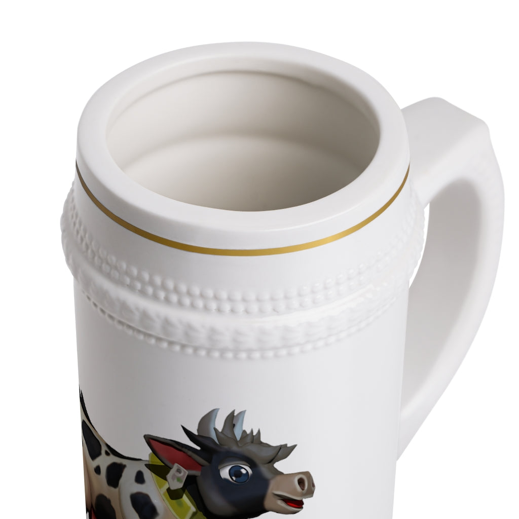 A stylish Black Cow Stein Mug made of durable white ceramic with ribbed outlines and a customizable surface.