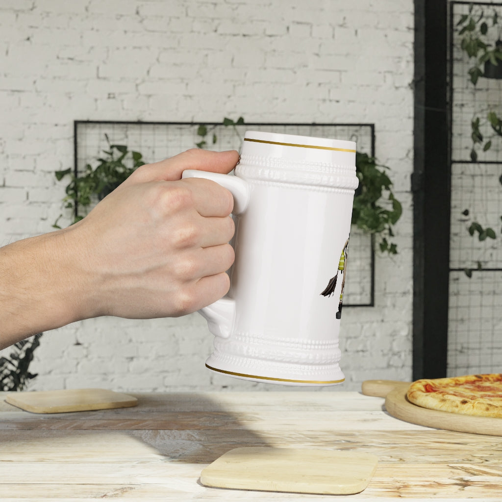 A stylish Black Cow Stein Mug made of durable white ceramic with ribbed outlines and a customizable surface.