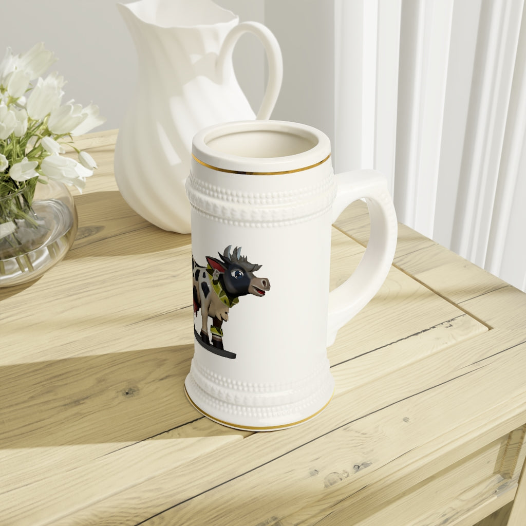 A stylish Black Cow Stein Mug made of durable white ceramic with ribbed outlines and a customizable surface.