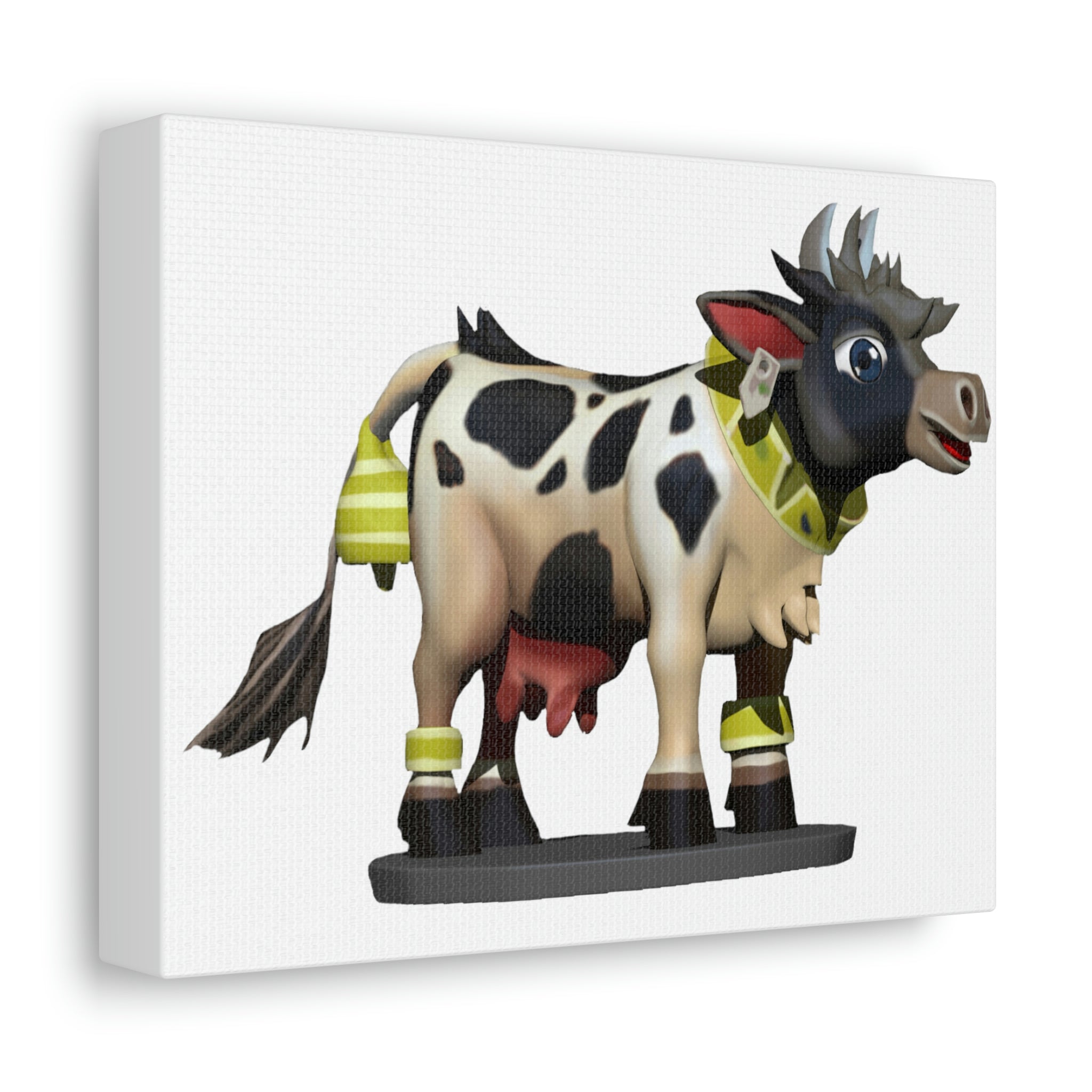 Black Cow Stretched Canvas art piece on a wooden frame, showcasing vibrant colors and intricate details, perfect for indoor decoration.