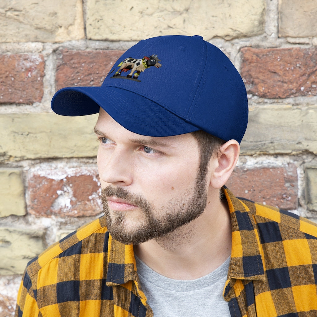 Black Cow Unisex Twill Hat featuring a classic 6-panel design and adjustable Velcro closure, made from 100% cotton twill.