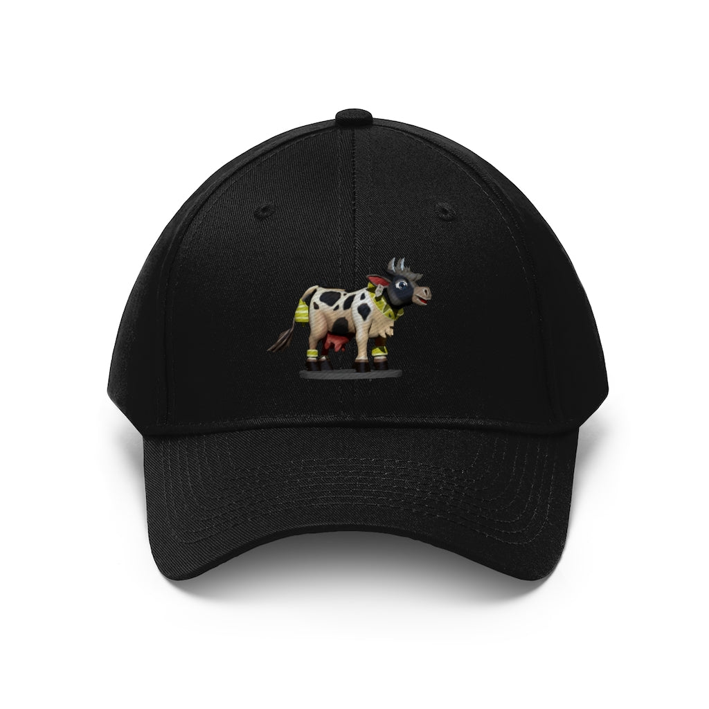 Black Cow Unisex Twill Hat featuring a classic 6-panel design and adjustable Velcro closure, made from 100% cotton twill.