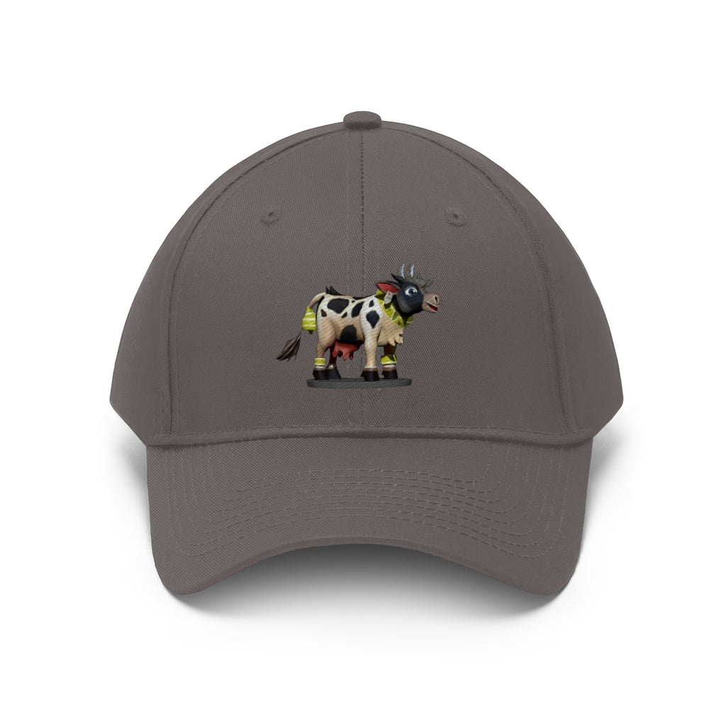 Black Cow Unisex Twill Hat featuring a classic 6-panel design and adjustable Velcro closure, made from 100% cotton twill.