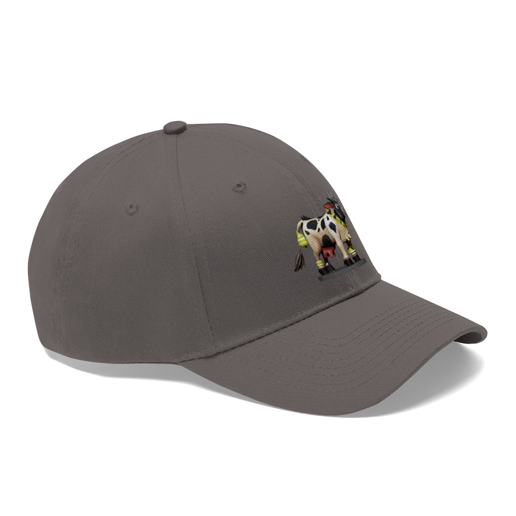 Black Cow Unisex Twill Hat featuring a classic 6-panel design and adjustable Velcro closure, made from 100% cotton twill.