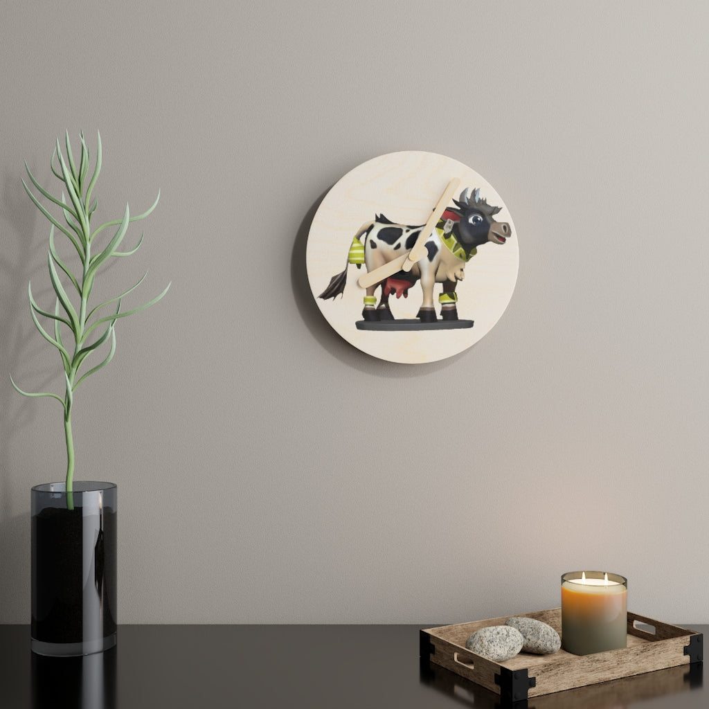 Black Cow Wooden Wall Clock made from sustainable birch plywood, featuring customizable designs and available in two sizes.