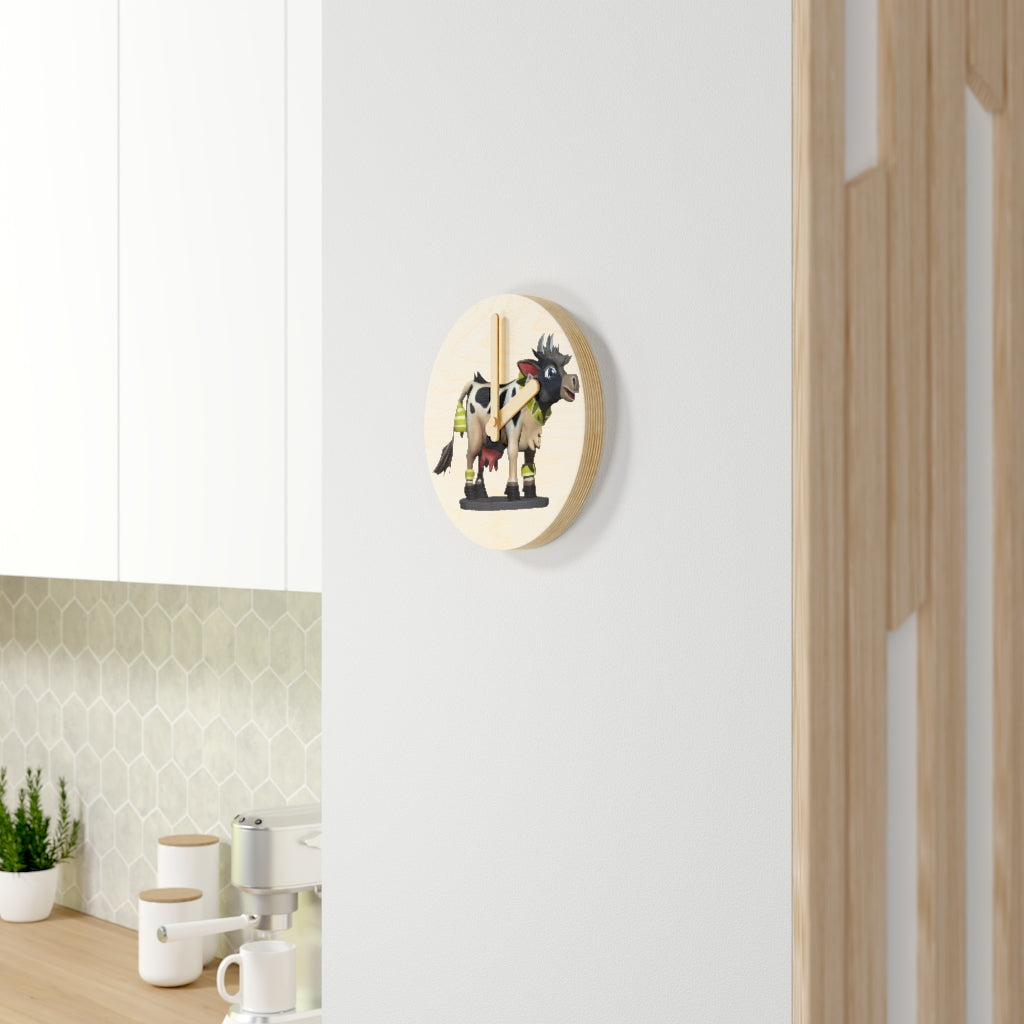 Black Cow Wooden Wall Clock made from sustainable birch plywood, featuring customizable designs and available in two sizes.