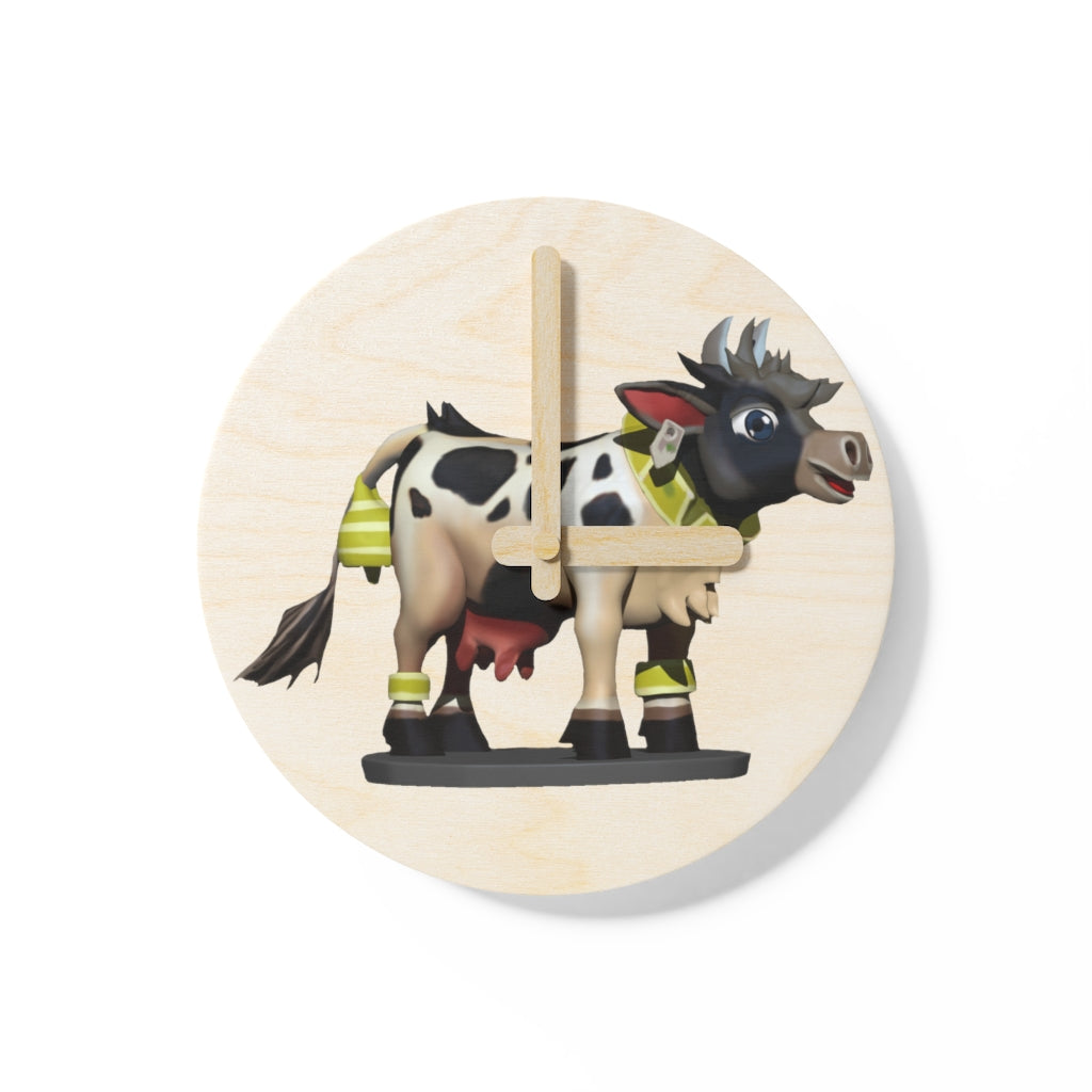 Black Cow Wooden Wall Clock made from sustainable birch plywood, featuring customizable designs and available in two sizes.