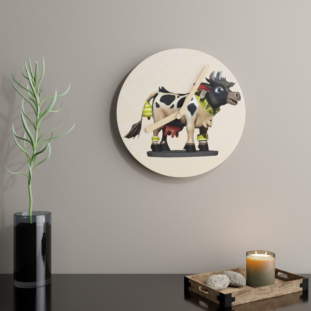 Black Cow Wooden Wall Clock made from sustainable birch plywood, featuring customizable designs and available in two sizes.