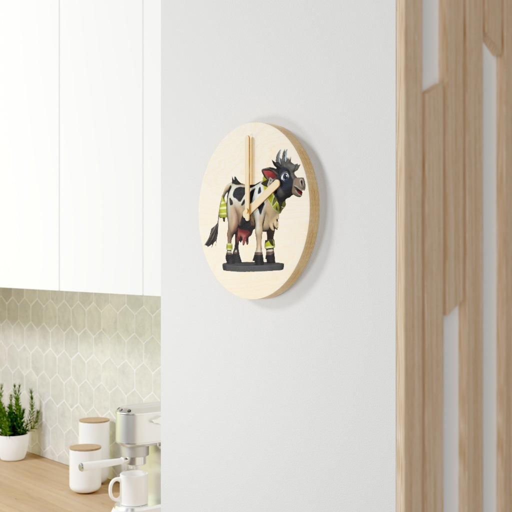 Black Cow Wooden Wall Clock made from sustainable birch plywood, featuring customizable designs and available in two sizes.