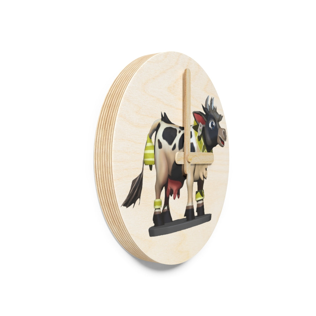 Black Cow Wooden Wall Clock made from sustainable birch plywood, featuring customizable designs and available in two sizes.