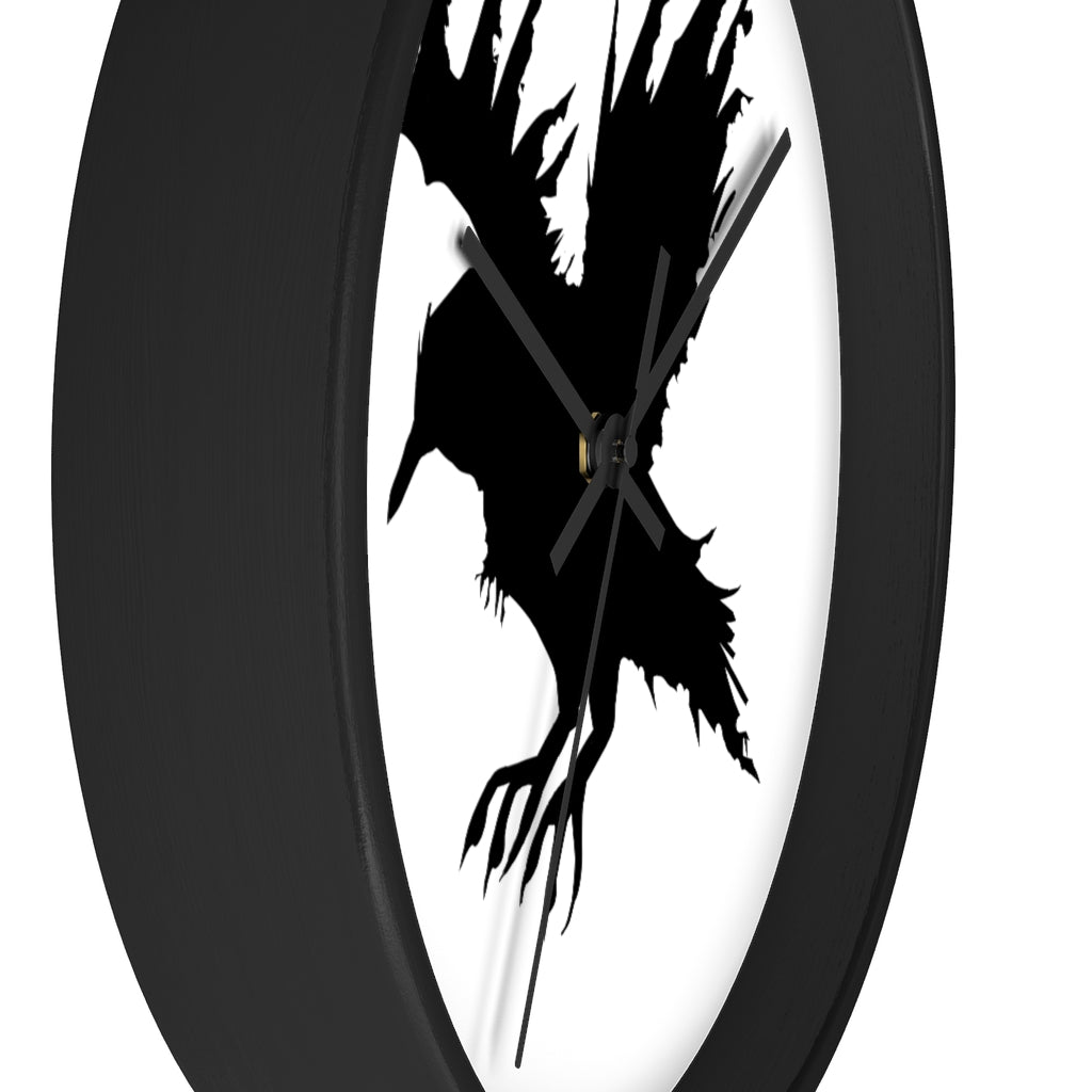 Black Crow Wall Clock featuring a unique crow design with a wooden frame and plexiglass face, perfect for indoor decor.