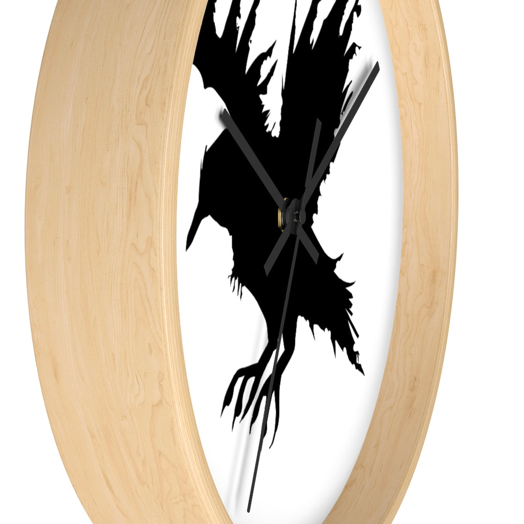 Black Crow Wall Clock featuring a unique crow design with a wooden frame and plexiglass face, perfect for indoor decor.