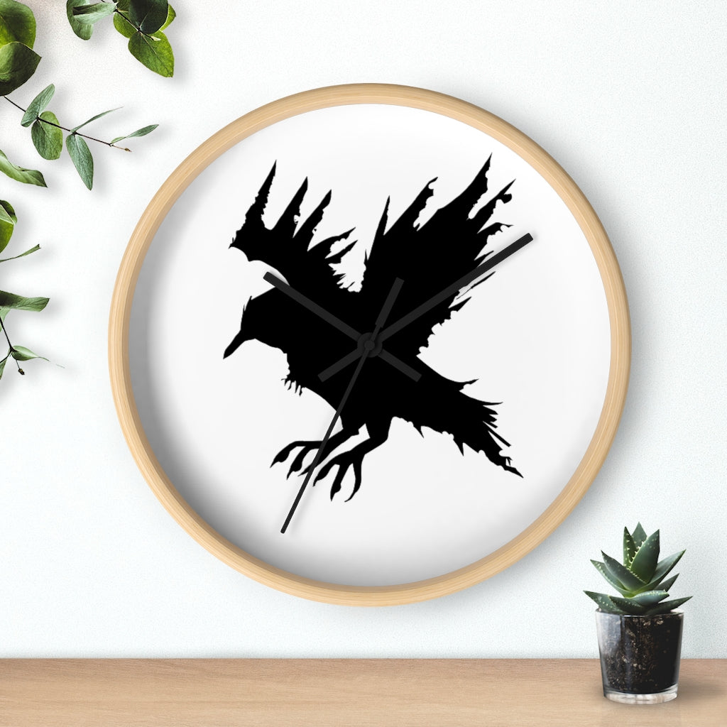 Black Crow Wall Clock featuring a unique crow design with a wooden frame and plexiglass face, perfect for indoor decor.