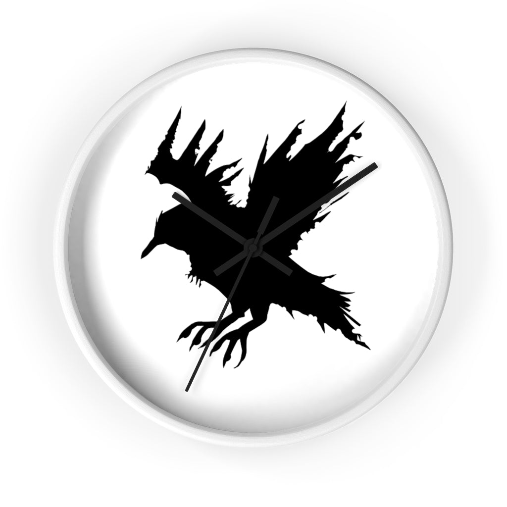 Black Crow Wall Clock featuring a unique crow design with a wooden frame and plexiglass face, perfect for indoor decor.