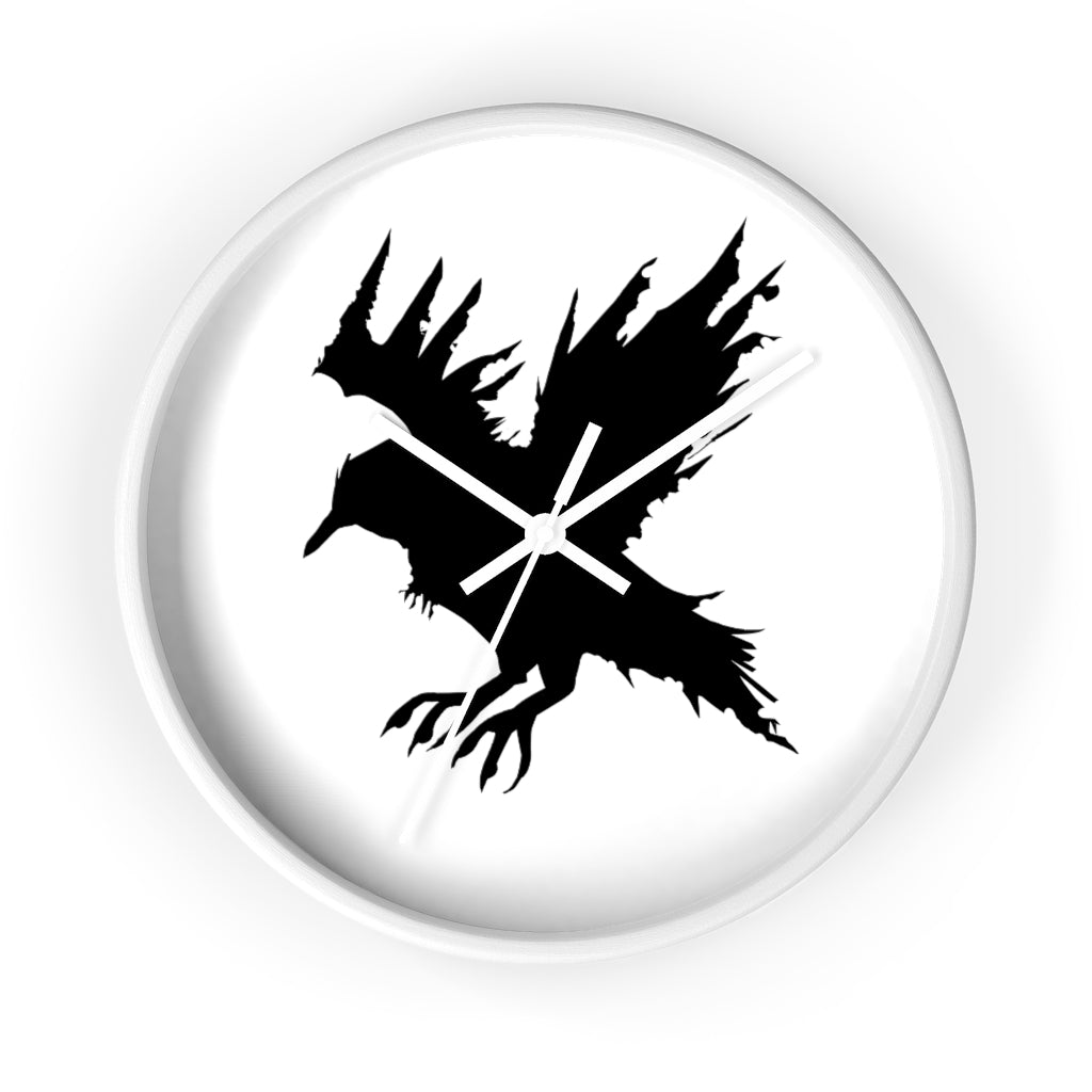 Black Crow Wall Clock featuring a unique crow design with a wooden frame and plexiglass face, perfect for indoor decor.