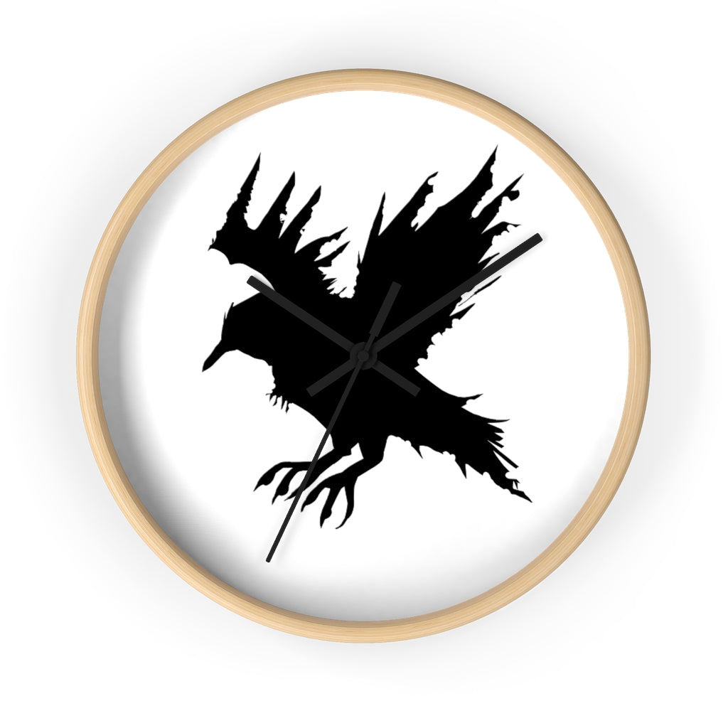 Black Crow Wall Clock featuring a unique crow design with a wooden frame and plexiglass face, perfect for indoor decor.