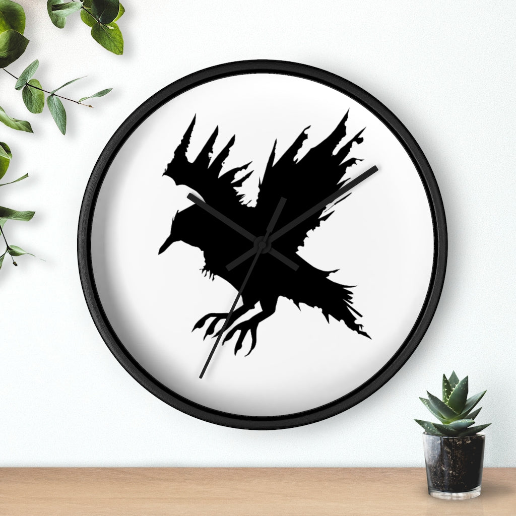 Black Crow Wall Clock featuring a unique crow design with a wooden frame and plexiglass face, perfect for indoor decor.