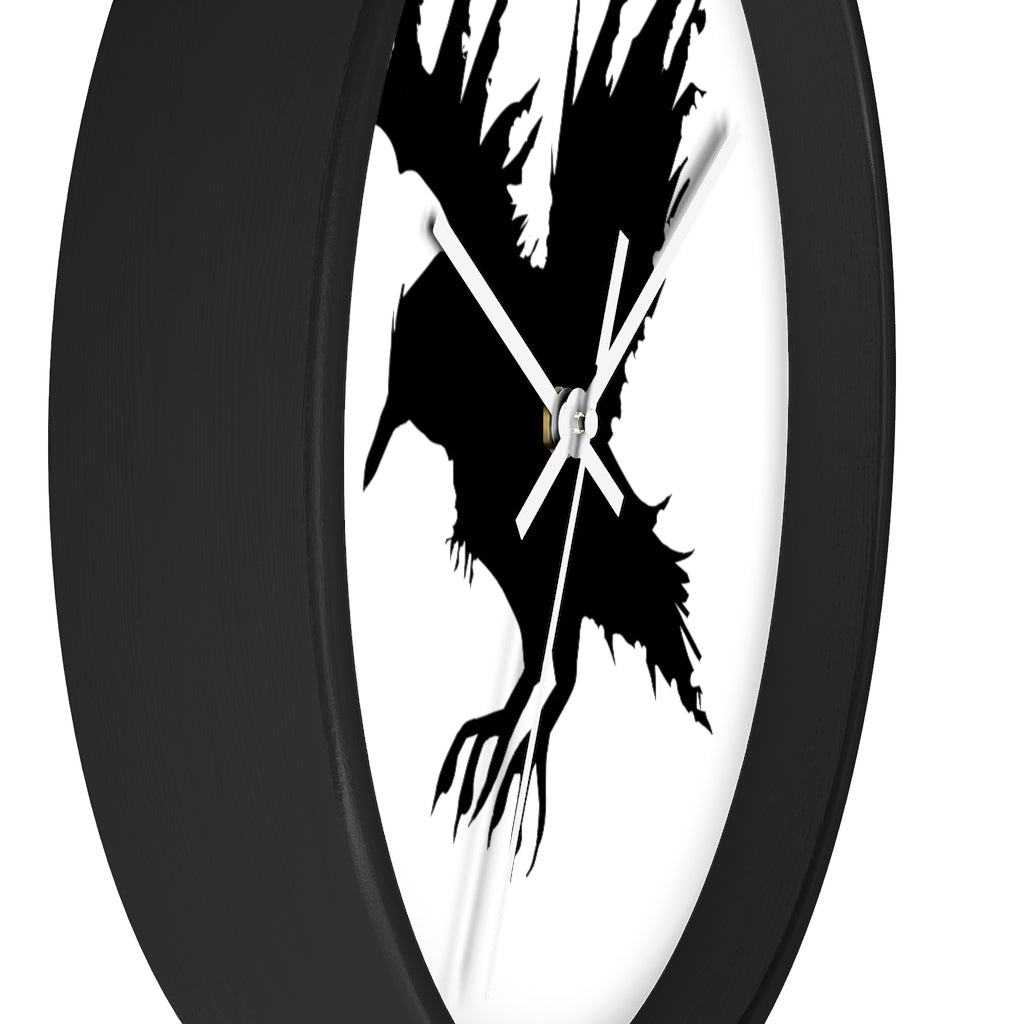 Black Crow Wall Clock featuring a unique crow design with a wooden frame and plexiglass face, perfect for indoor decor.