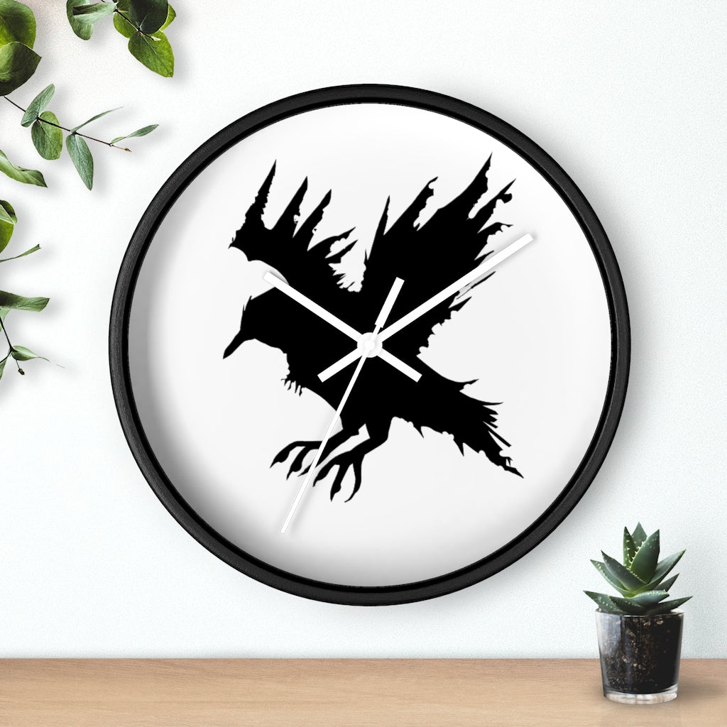 Black Crow Wall Clock featuring a unique crow design with a wooden frame and plexiglass face, perfect for indoor decor.