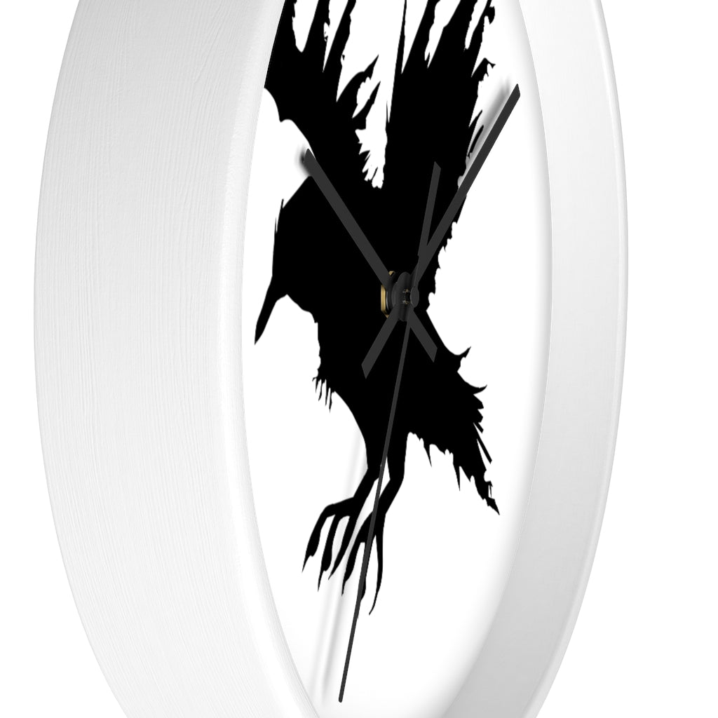 Black Crow Wall Clock featuring a unique crow design with a wooden frame and plexiglass face, perfect for indoor decor.