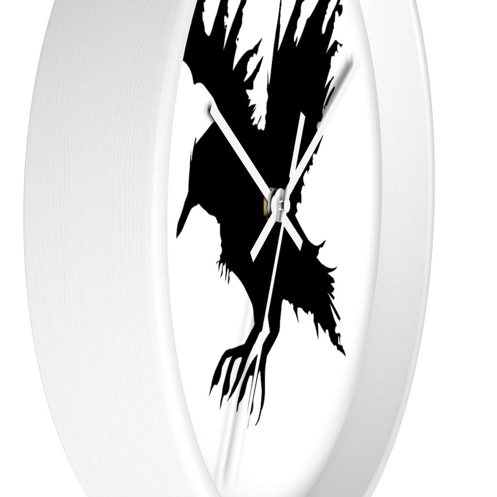 Black Crow Wall Clock featuring a unique crow design with a wooden frame and plexiglass face, perfect for indoor decor.