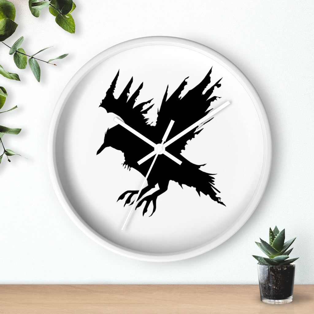 Black Crow Wall Clock featuring a unique crow design with a wooden frame and plexiglass face, perfect for indoor decor.