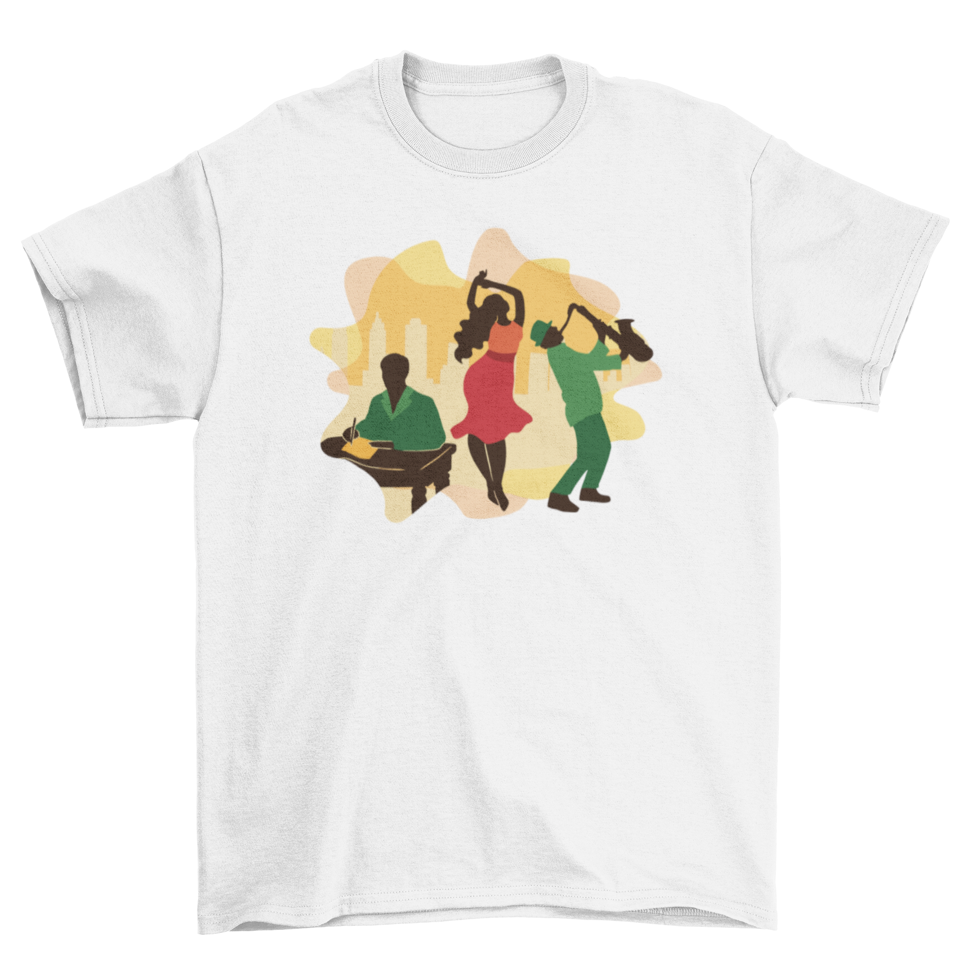 A stylish black t-shirt featuring a vibrant illustration representing Black culture, showcasing its beauty and diversity.