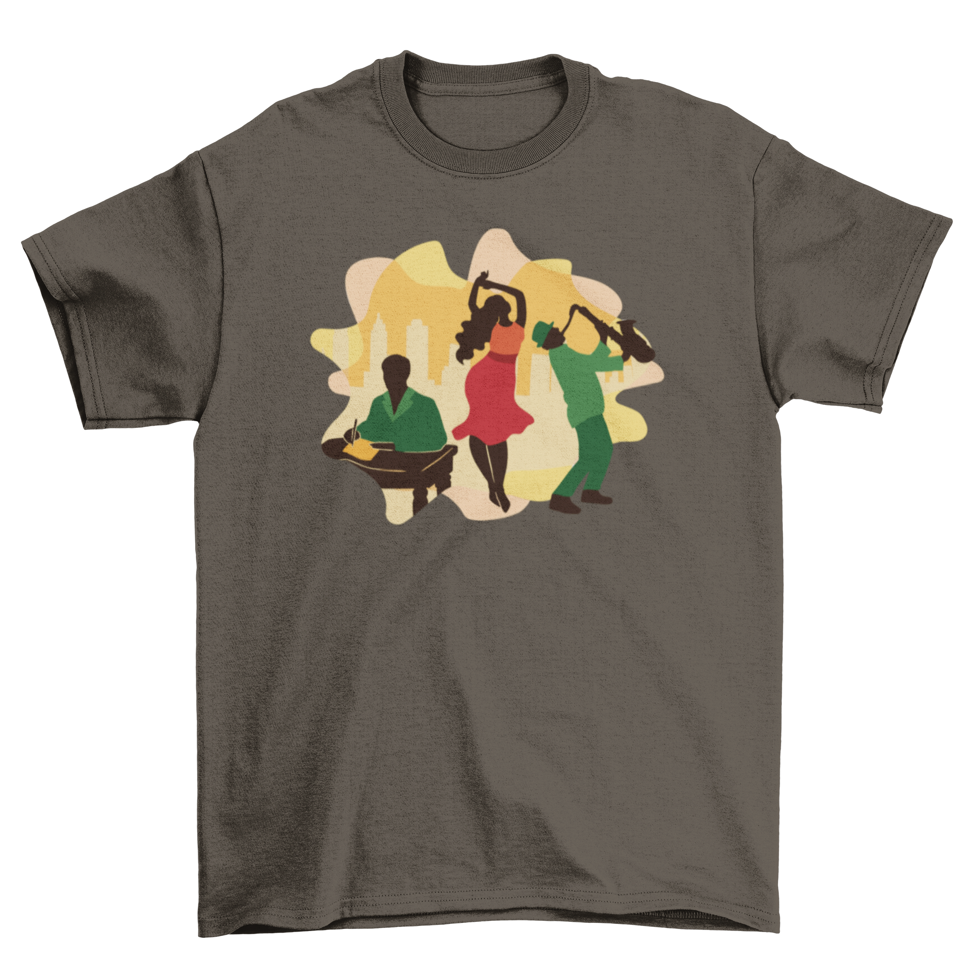 A stylish black t-shirt featuring a vibrant illustration representing Black culture, showcasing its beauty and diversity.