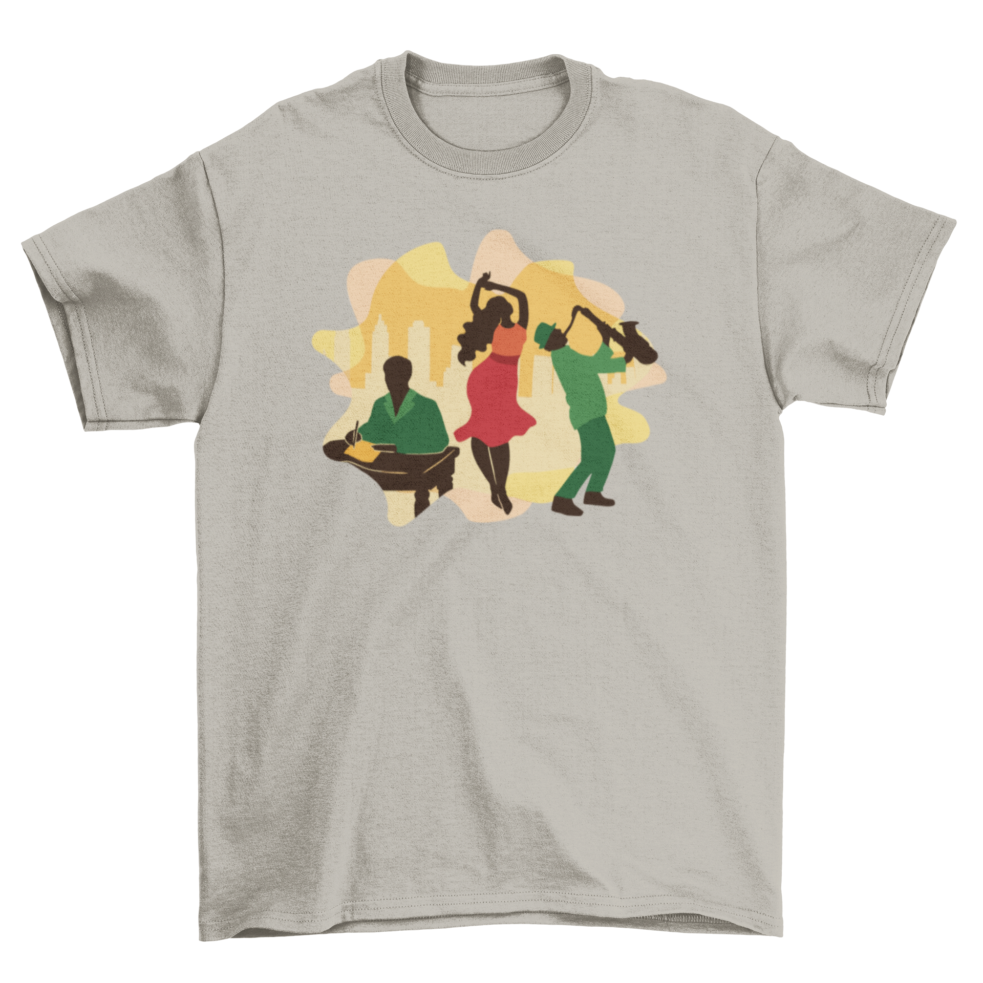 A stylish black t-shirt featuring a vibrant illustration representing Black culture, showcasing its beauty and diversity.