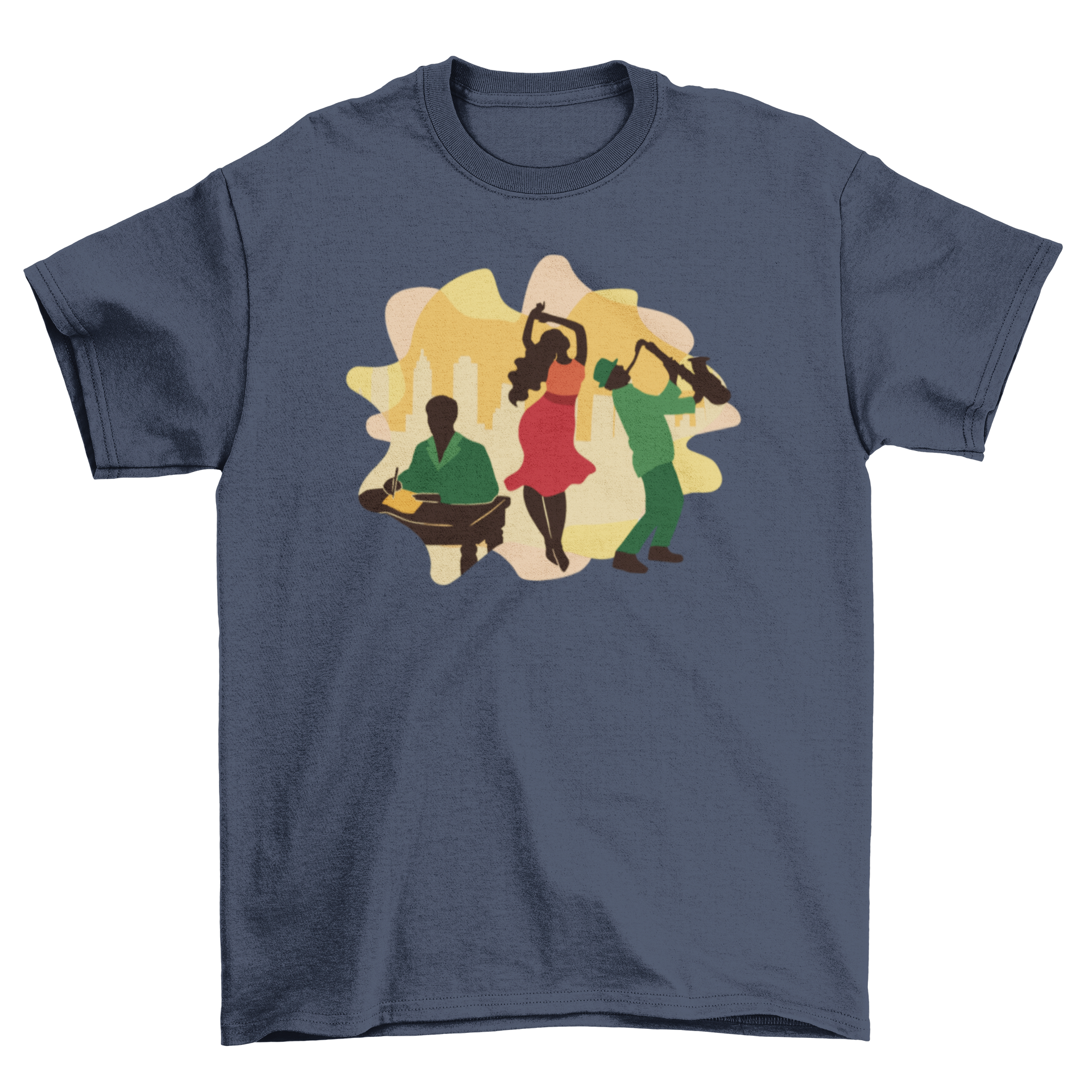 A stylish black t-shirt featuring a vibrant illustration representing Black culture, showcasing its beauty and diversity.