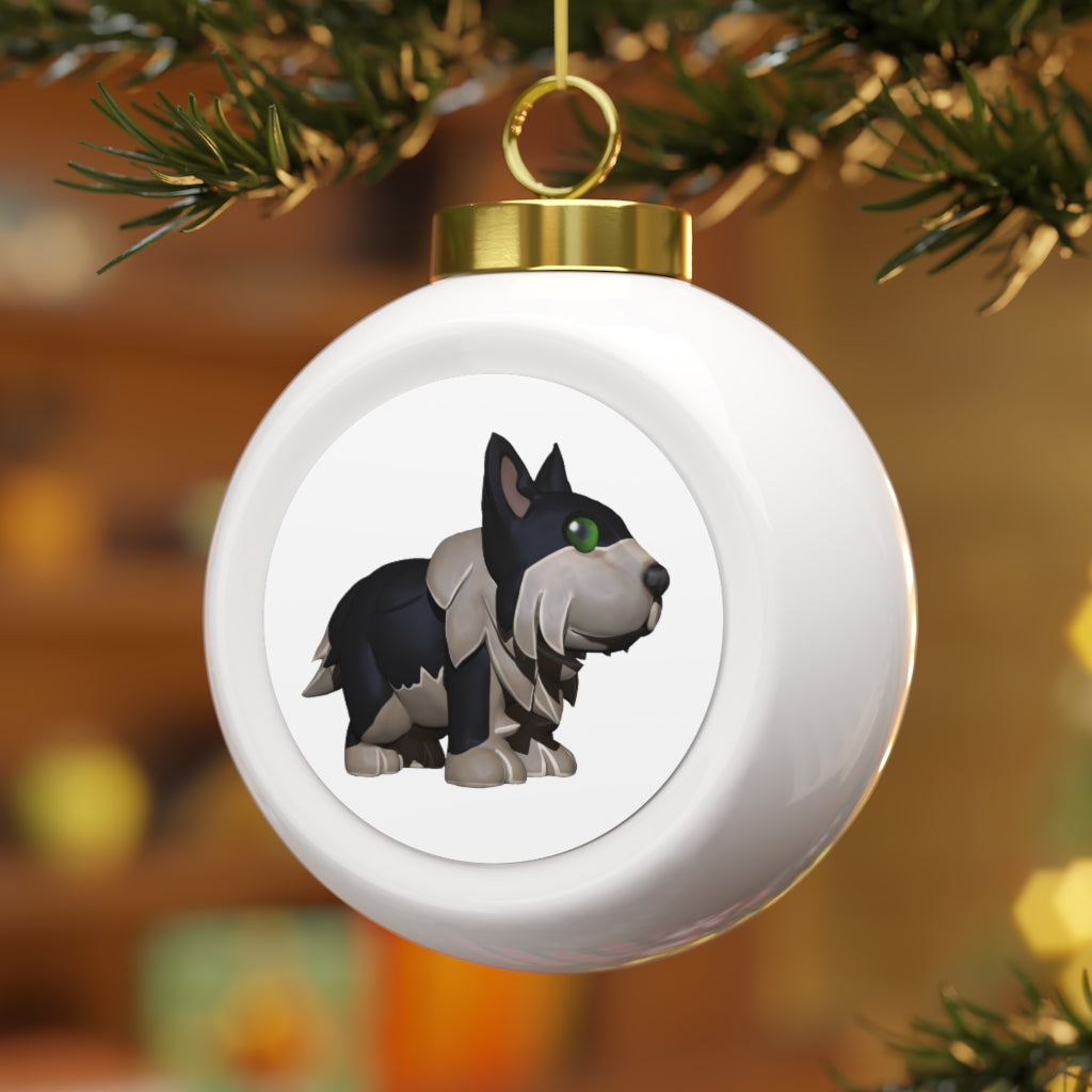 A glossy black dog Christmas ball ornament with a gold ribbon, featuring a vintage design and a customizable metal insert.