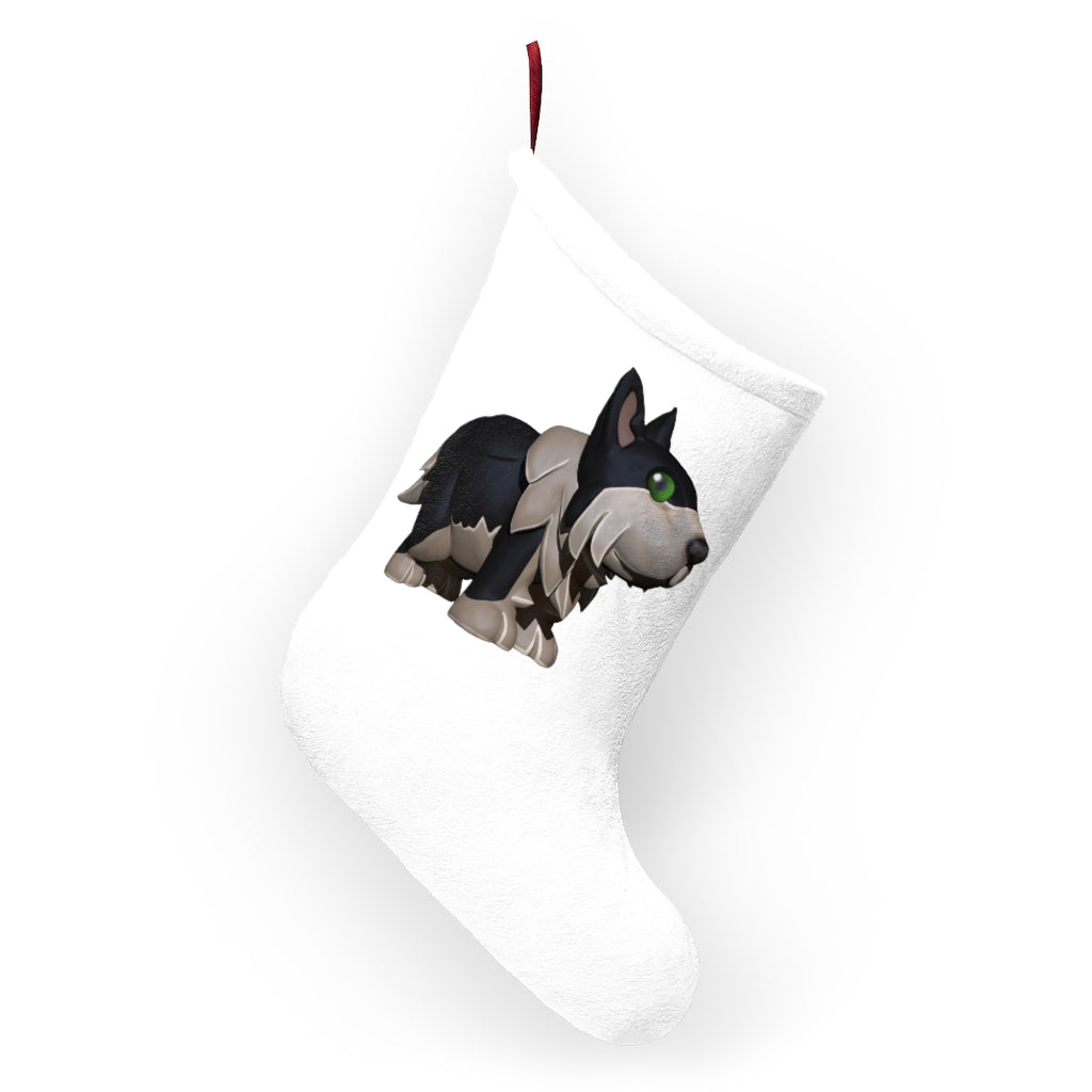 A cozy Black Dog Christmas Stocking made of soft polyester fleece, featuring a festive design and a twill ribbon hanging loop.