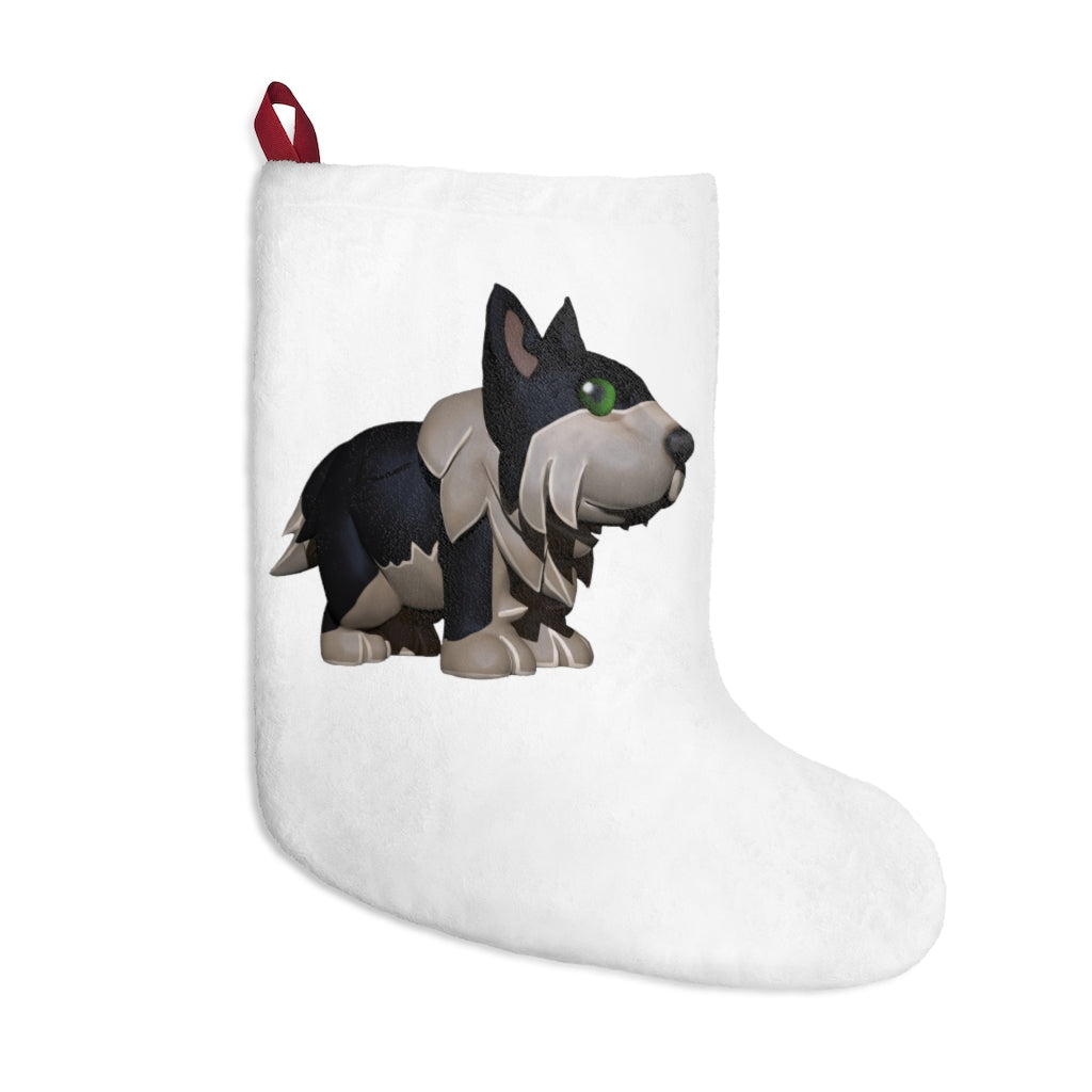 A cozy Black Dog Christmas Stocking made of soft polyester fleece, featuring a festive design and a twill ribbon hanging loop.