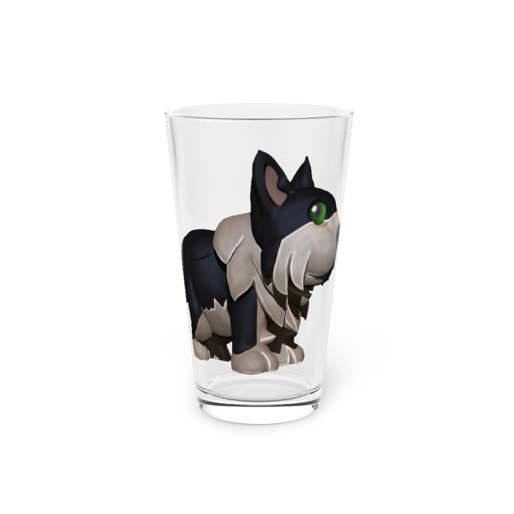 A clear 16oz Black Dog pint glass with custom printed design, showcasing its elegant shape and durable construction.