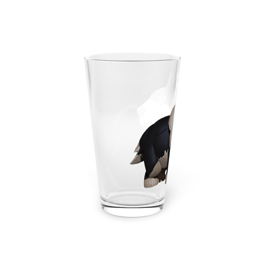 A clear 16oz Black Dog pint glass with custom printed design, showcasing its elegant shape and durable construction.